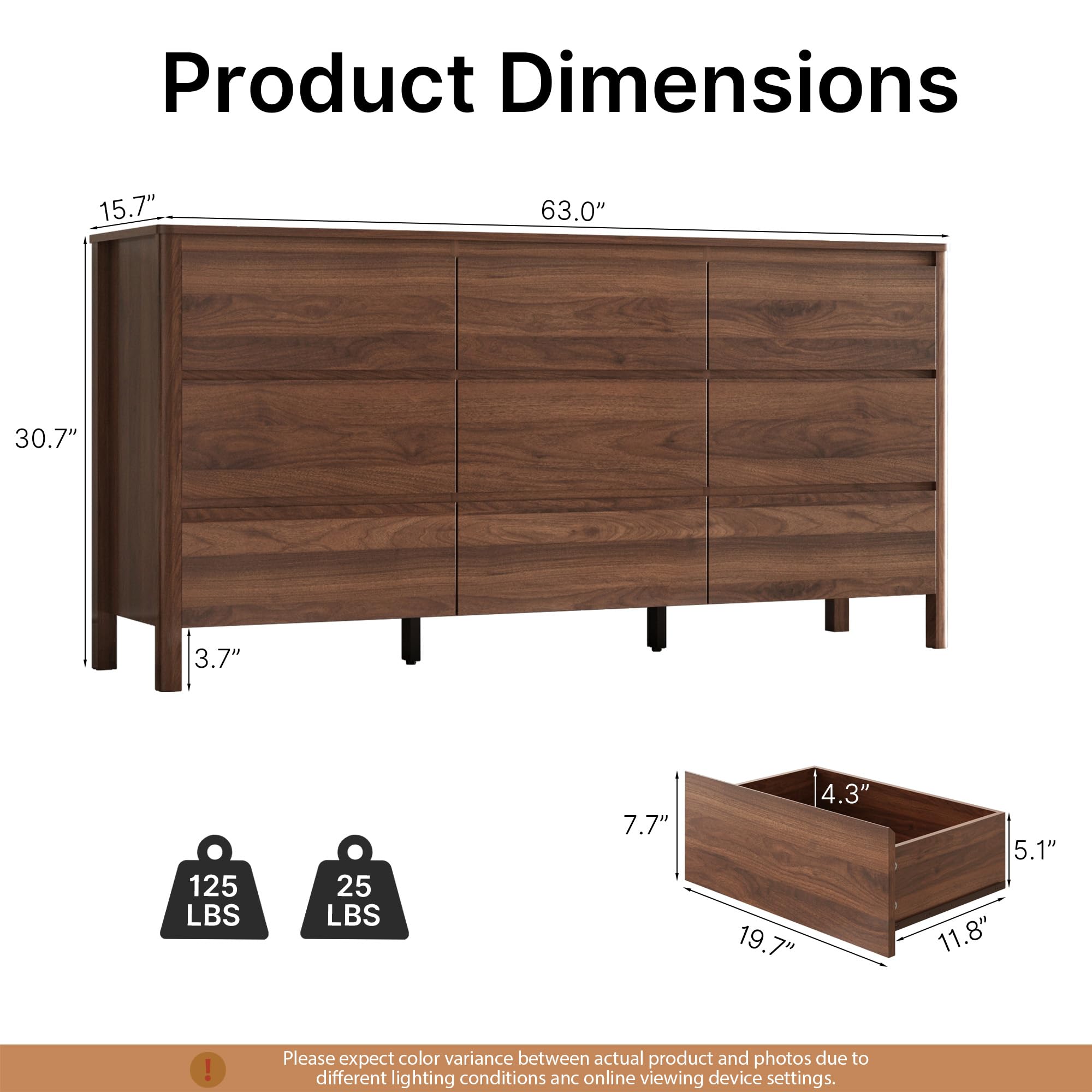 MAISONARIA Walnut 9 Drawer Dresser for Bedroom, 63" Modern Dresser with Hidden Handles, Space-Saving Wooden Drawer Organizer, Living Room, or Hallway, Vertical Storage Chest of Drawers