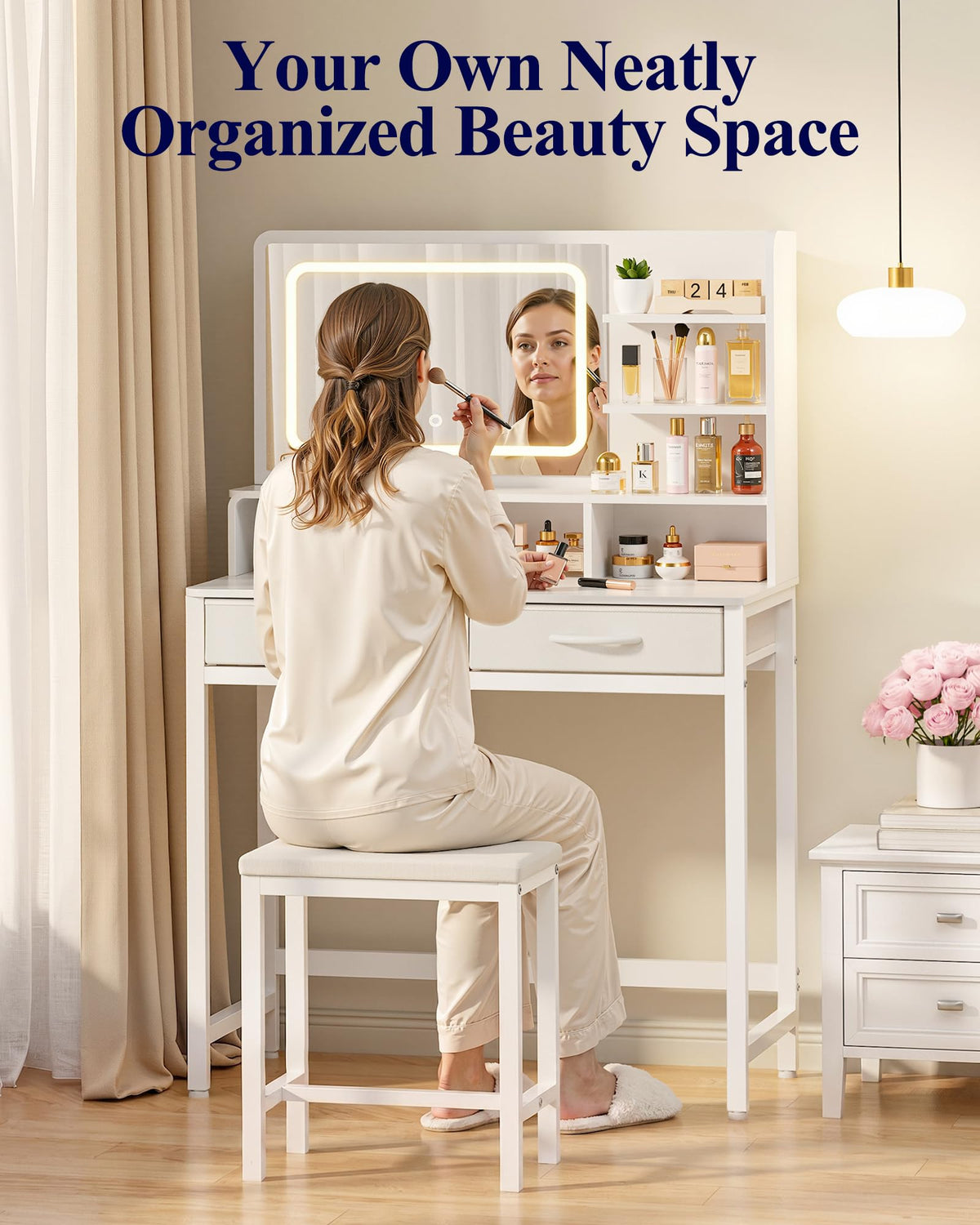 White Vanity Desk with LED Mirror