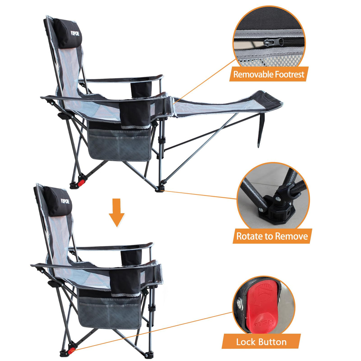 POEPORE 2-Pack Reclining Camping Chair with Removable Footrest Lounge Chair with Headrest, Cotton Cushion, Portable Adjustable Folding Chairs for Adults Black