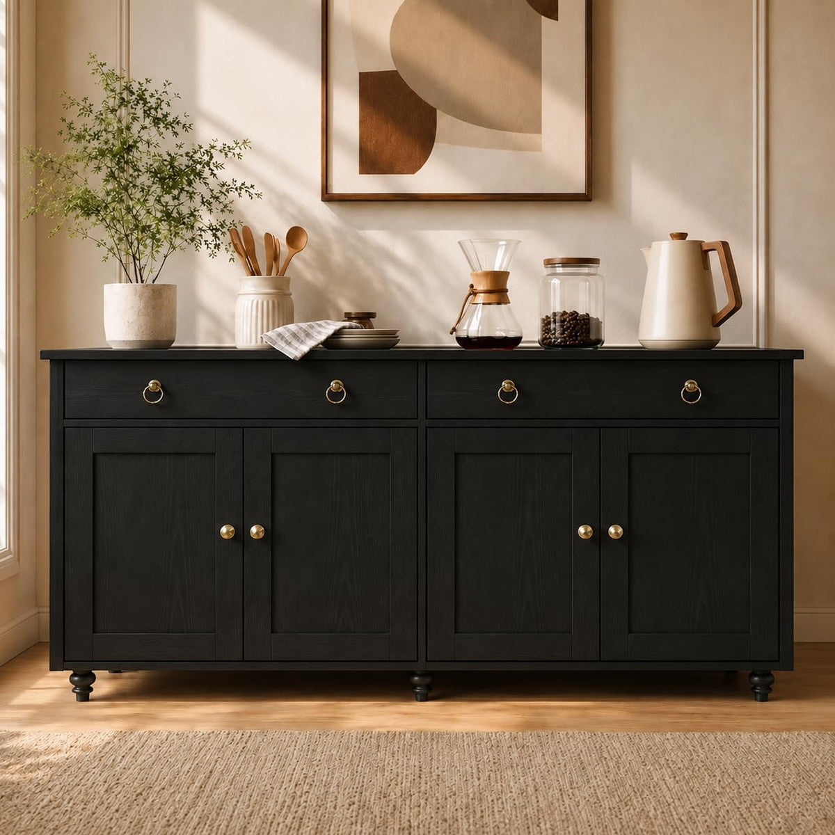 4 EVER WINNER 55" W Black Buffet Cabinet, Coffee Bar Cabinet with 2 Drawers