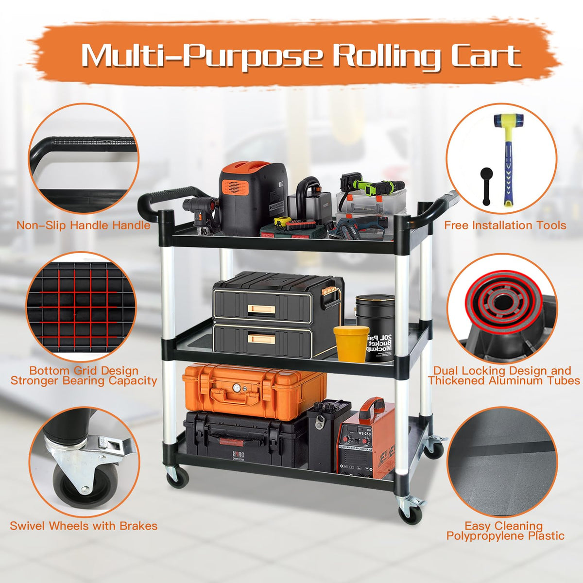 3-Tier Rolling Cart with Wheels, Heavy-Duty Plastic Utility Cart with 2 Lockable Wheels, Food Cart with 510 lbs Capacity, Restaurant Kitchen Cart for Home, Office, Warehouse, Garage
