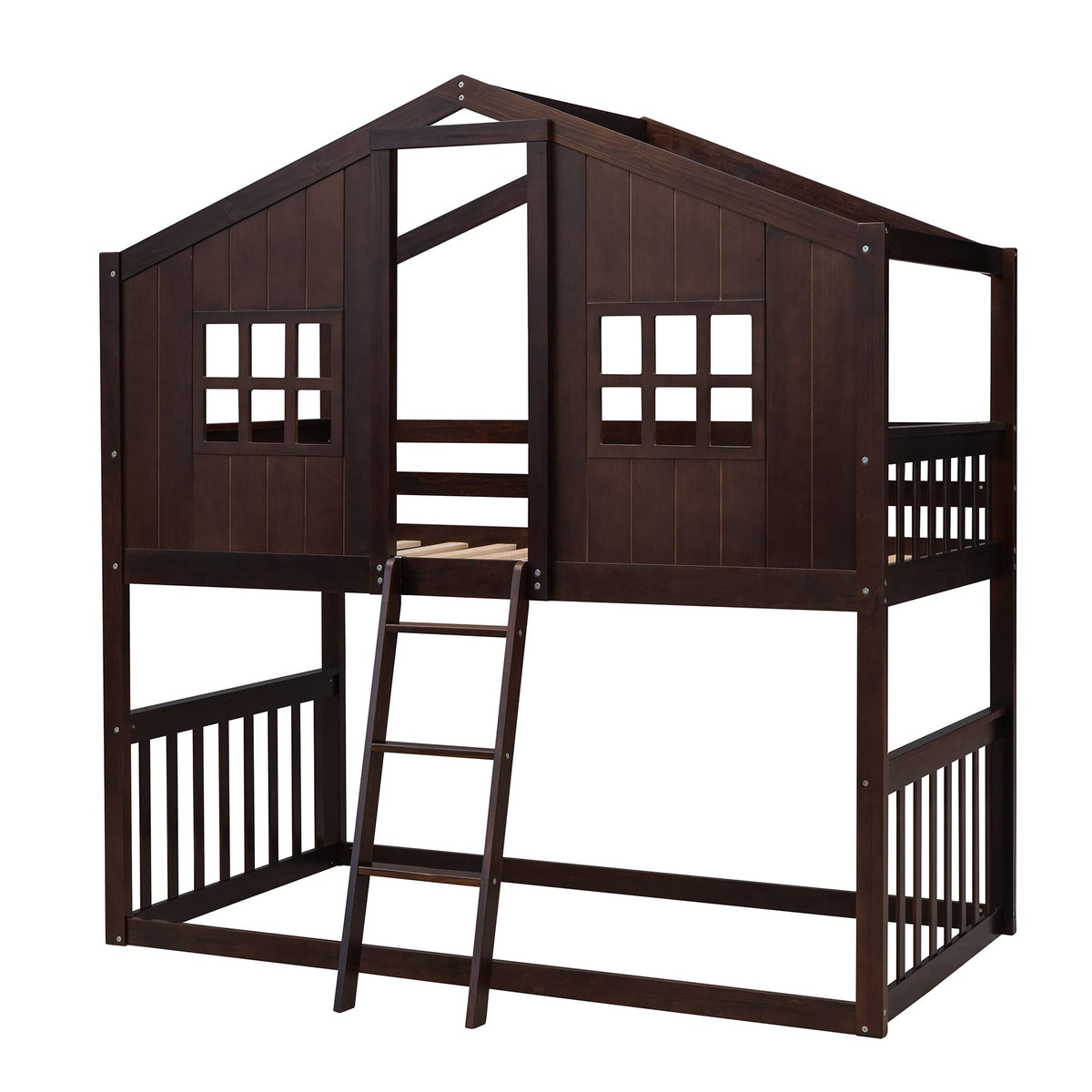 House Bunk Bed Twin Over Twin with Roof and Window for Kids Teens, Espresso