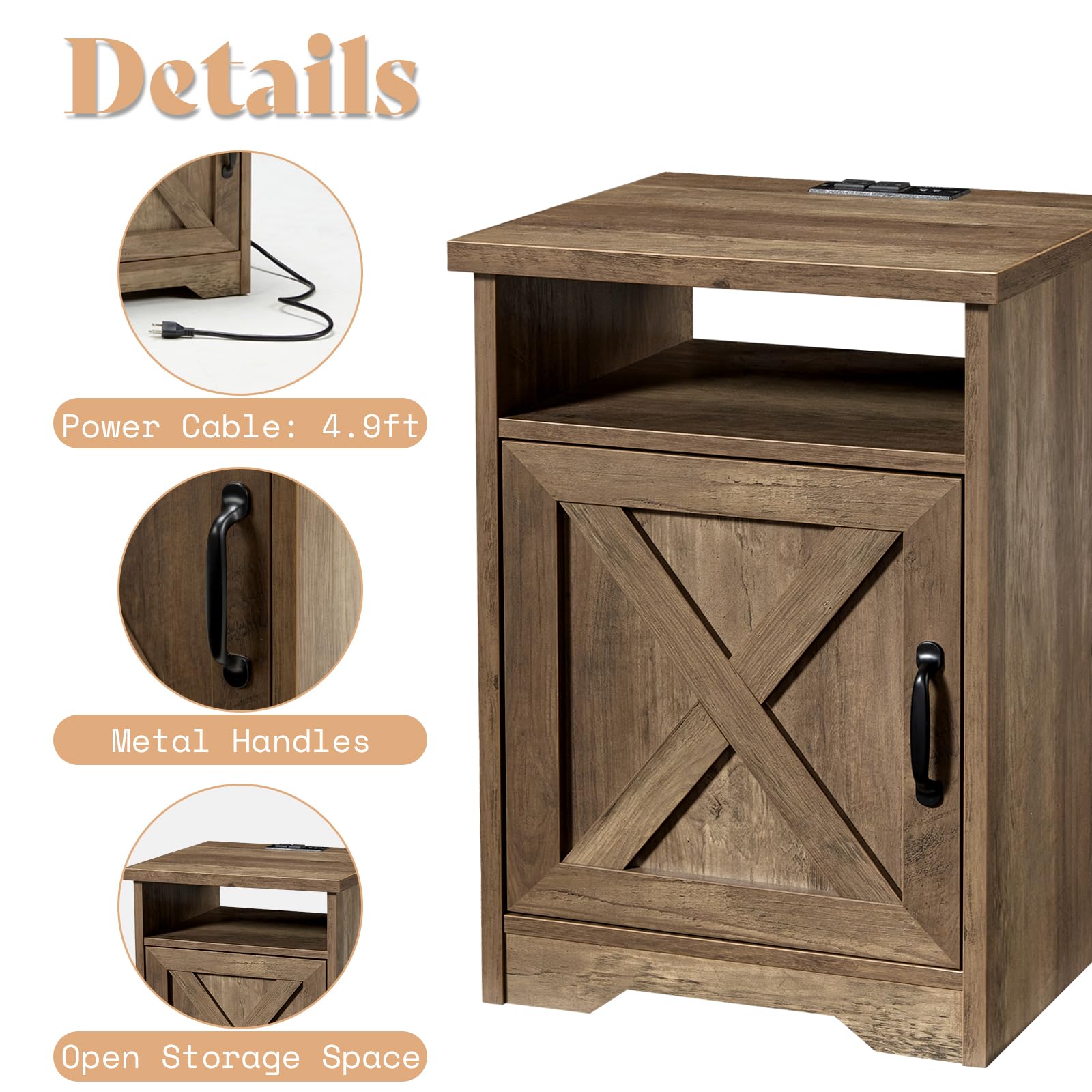 AMERLIFE 3-Piece Farmhouse Table Set Includes Coffee Table& Two End Tables, Side Table with Charging Station and USB Ports, for Living Room, Barnwood
