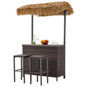 HOMREST Outdoor Tiki Bar Set, 3 Pieces Wicker Patio Bar Set w/2 Height Stools, Storage Shelf, Canopy, Plastic Wood Tabletop for Backyard Poolside Garden, Brown