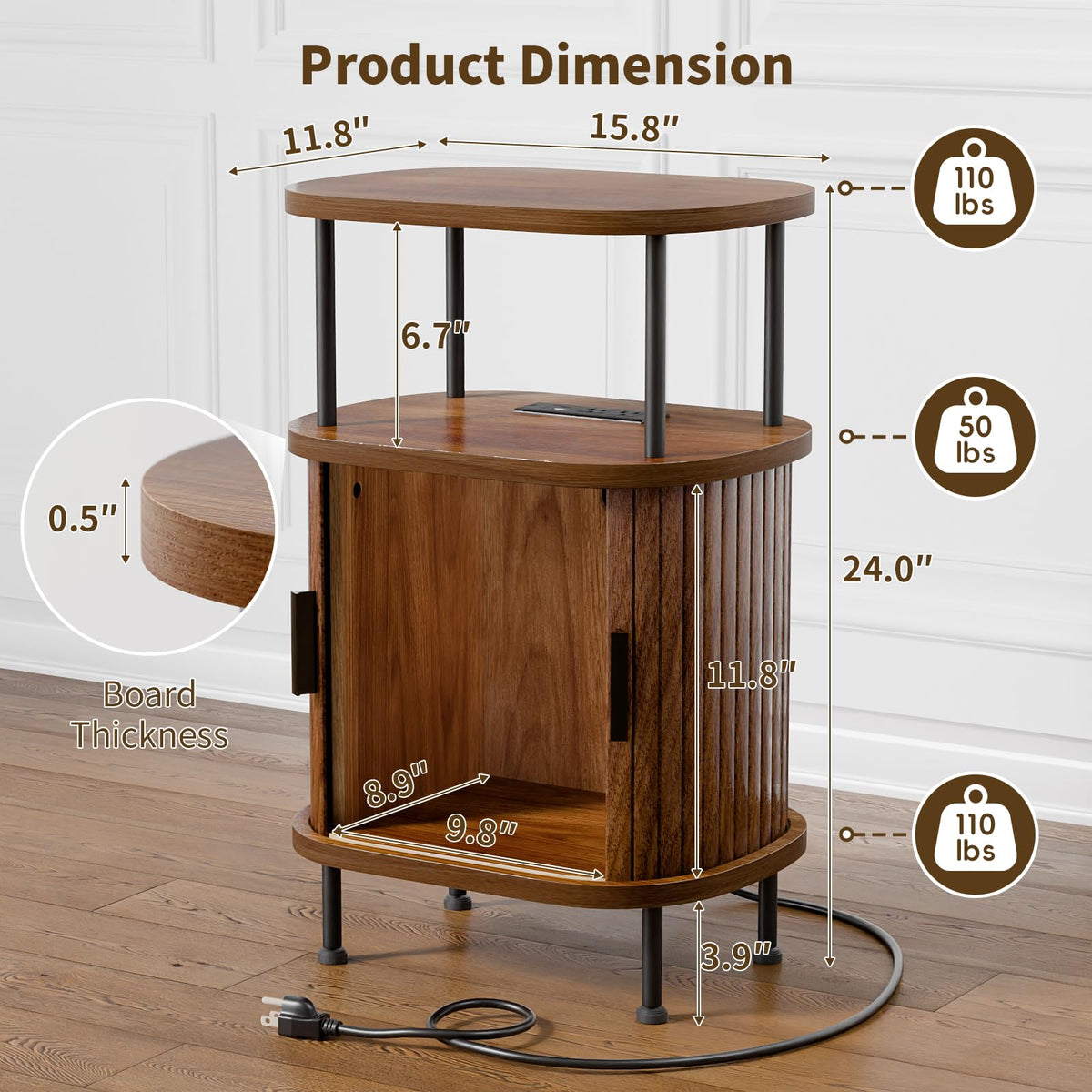 Fluted Nightstands Set of 2, Walnut Bedside Tables with Charging Station