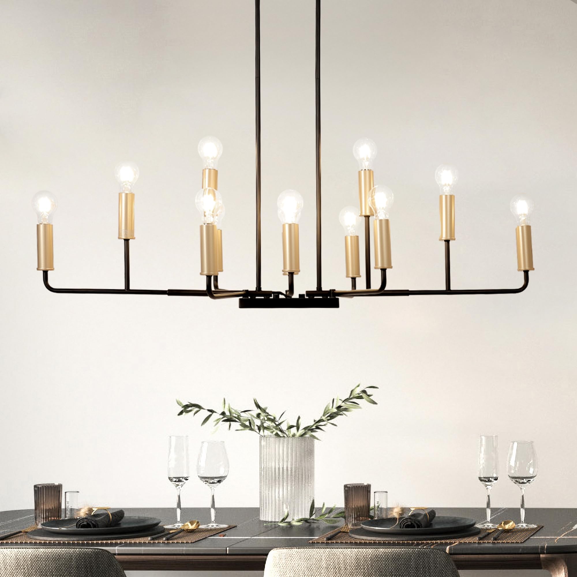 KSANA 48" Large Black and Gold Chandelier, Modern 12-Light Linear Chandeliers Dining Room Light Fixtures Industrial Kitchen Island Lighting Above Table