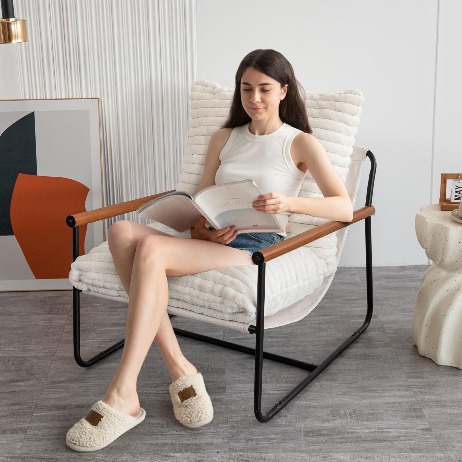 Sherpa Accent Chair with Beech Wood Arms & Metal Frame