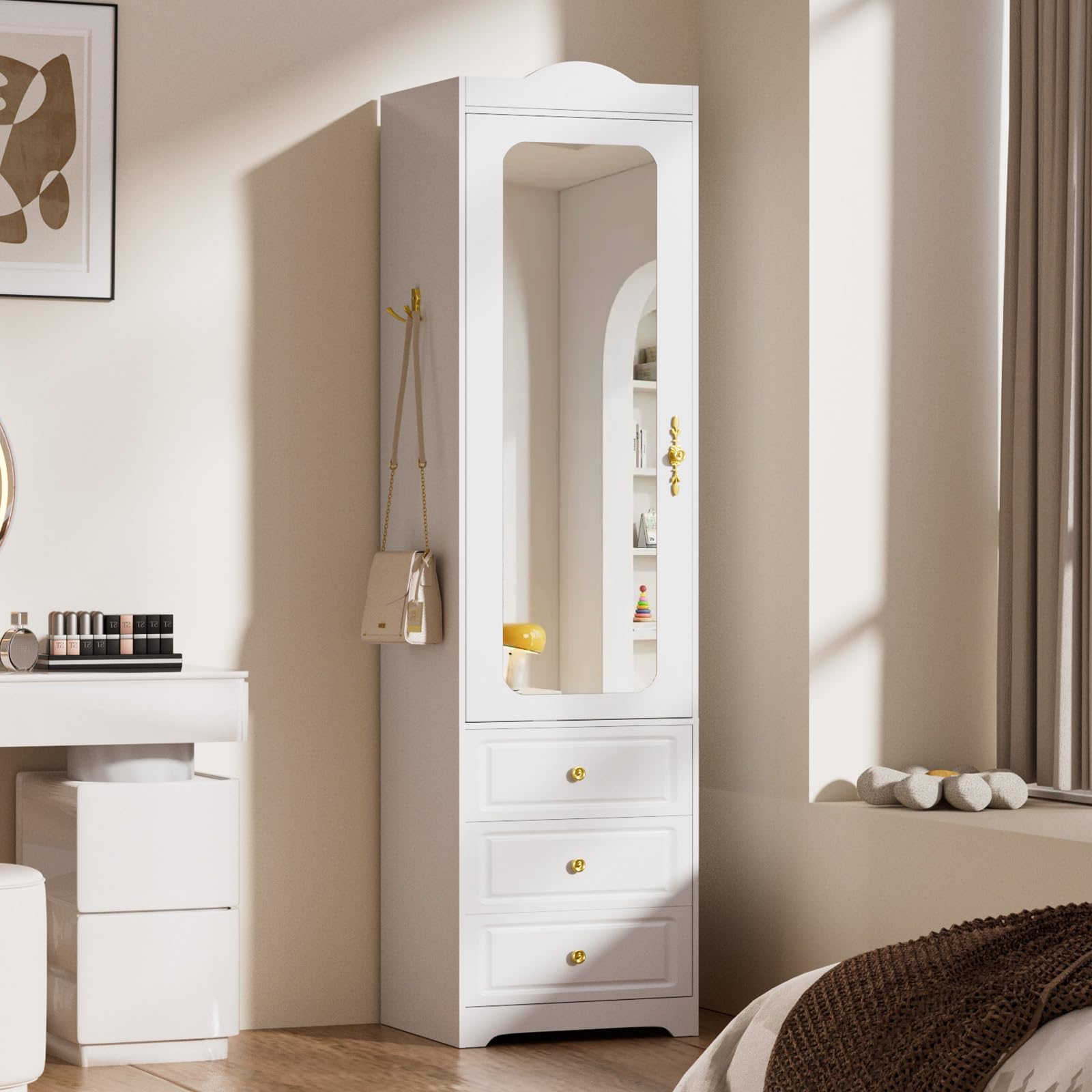 JanflyHome Armoire Wardrobe Closet, Updated White Bedroom Armoires Cabinet with Mirror Door and 3 Drawers, 15.7" W/69.5" H Clothing Storage Cabinet with Hanging Rod & Sensor Light for Bedroom-Left