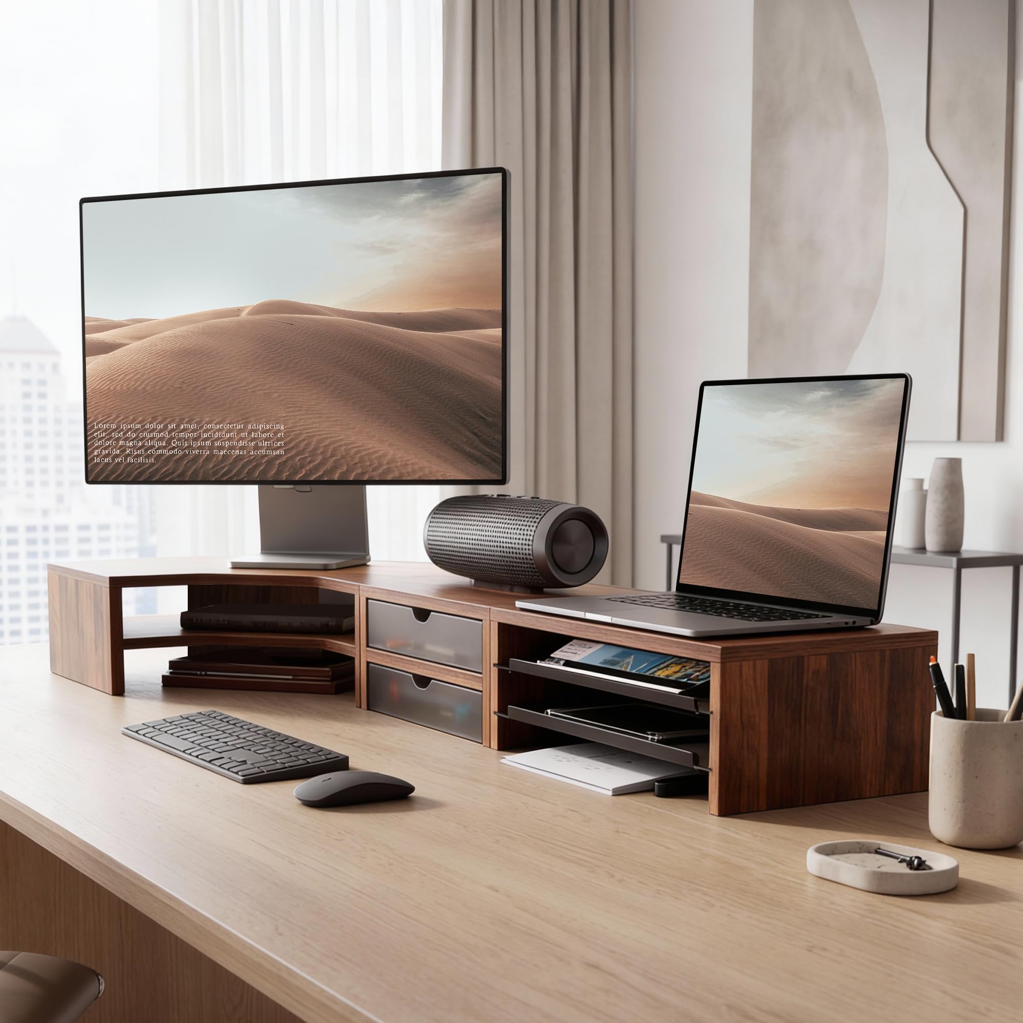 Corner Dual Monitor Stand with Drawer & Storage