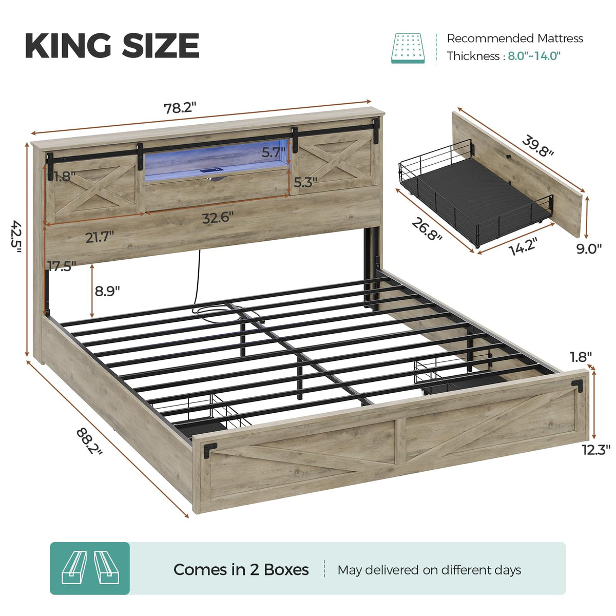 King Farmhouse Storage Bed with LED Lights