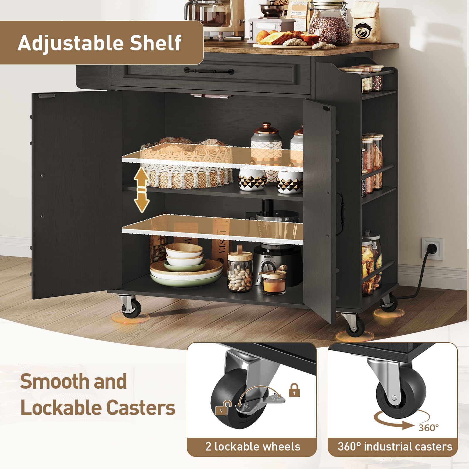 Rolling Kitchen Island with Drop Leaf & Power Outlets