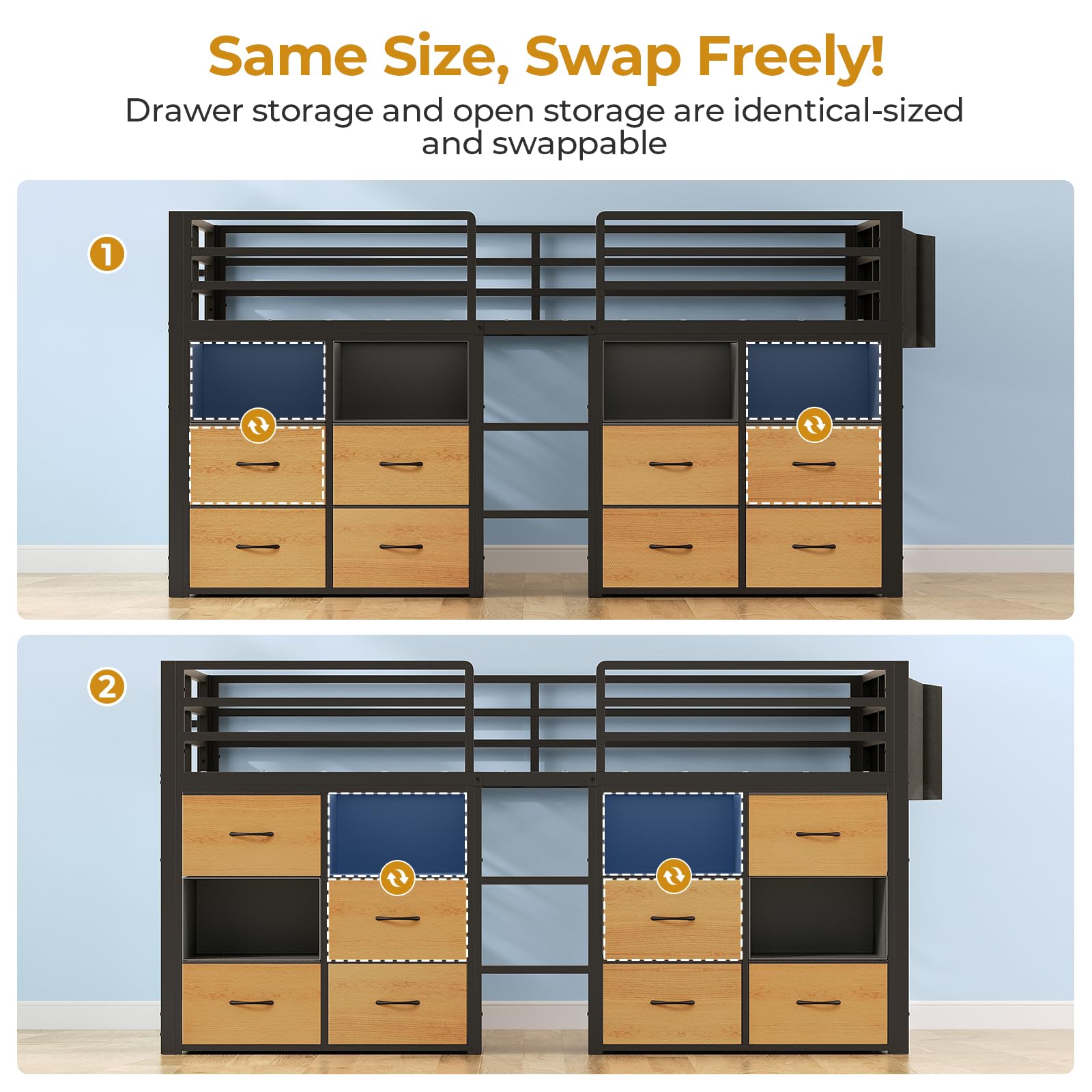 ADORNEVE Low Loft Bed Twin Size with 8 Storage Drawers, Twin Loft Bed with Bookcase and LED Lights, Metal Kids Loft Bed with 14" H Safety Guardrail, Under-Bed Play Space, No Box Spring Needed, Natural