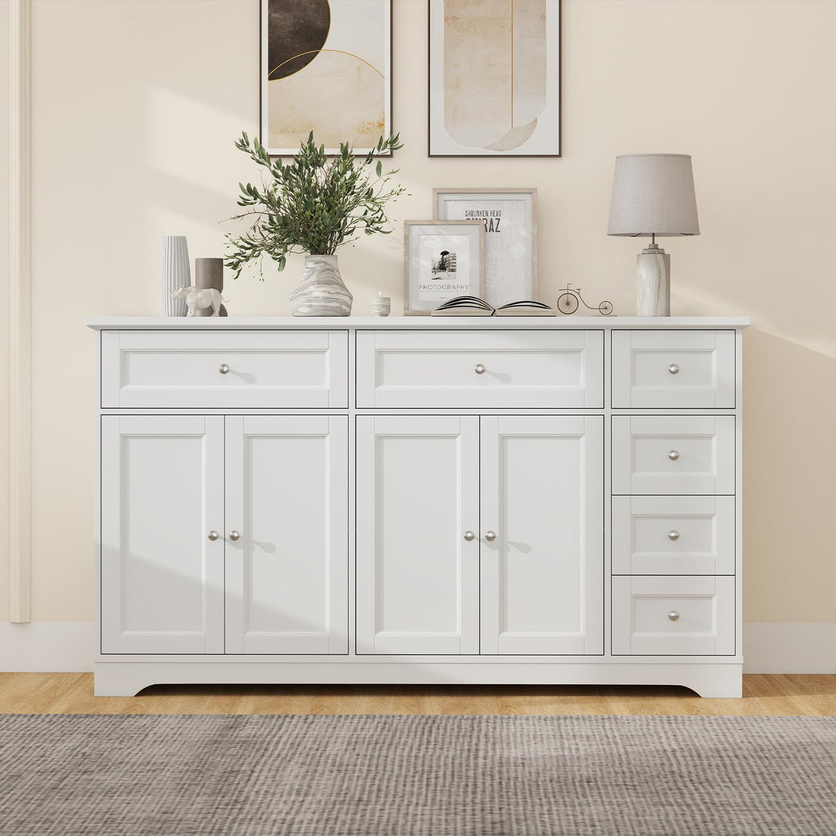 White Buffet Sideboard with 6 Drawers