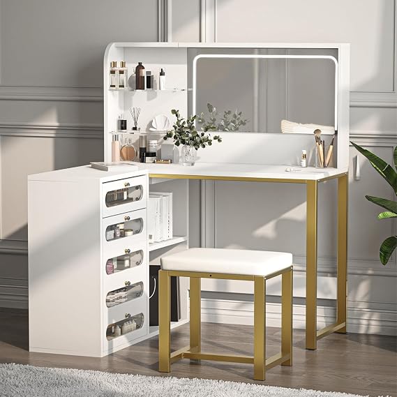 L-Shaped Corner Vanity Desk with LED Mirror & 5 Glass Drawers
