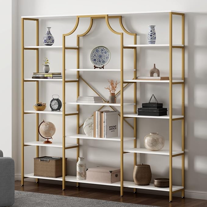 8-Tier Tempered Glass Etagere Bookshelf – Gold Metal Frame