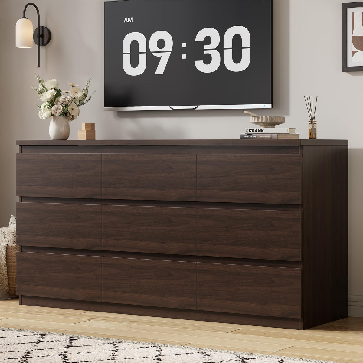 Jocoevol Modern 9 Drawer Dresser for Bedroom, Simply Chest of Drawers, Wood Storage Dresser with Deep Drawers for Living Room Hallway Entryway (Brown)