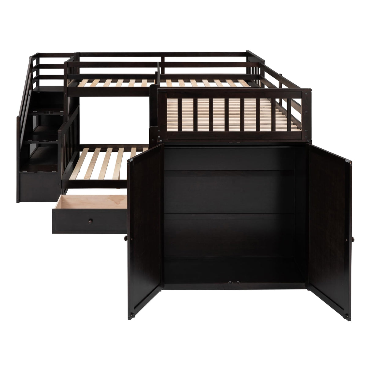 Bellemave L Shaped Triple Bunk Bed with Storage Staircase, Wardrobe, Desk & Drawers, Wooden Bunk Bed for 3 Kids, Twin Over Full Bunk Beds, L-Shaped Loft Bed for Kids, Teens, Adults (Espresso)