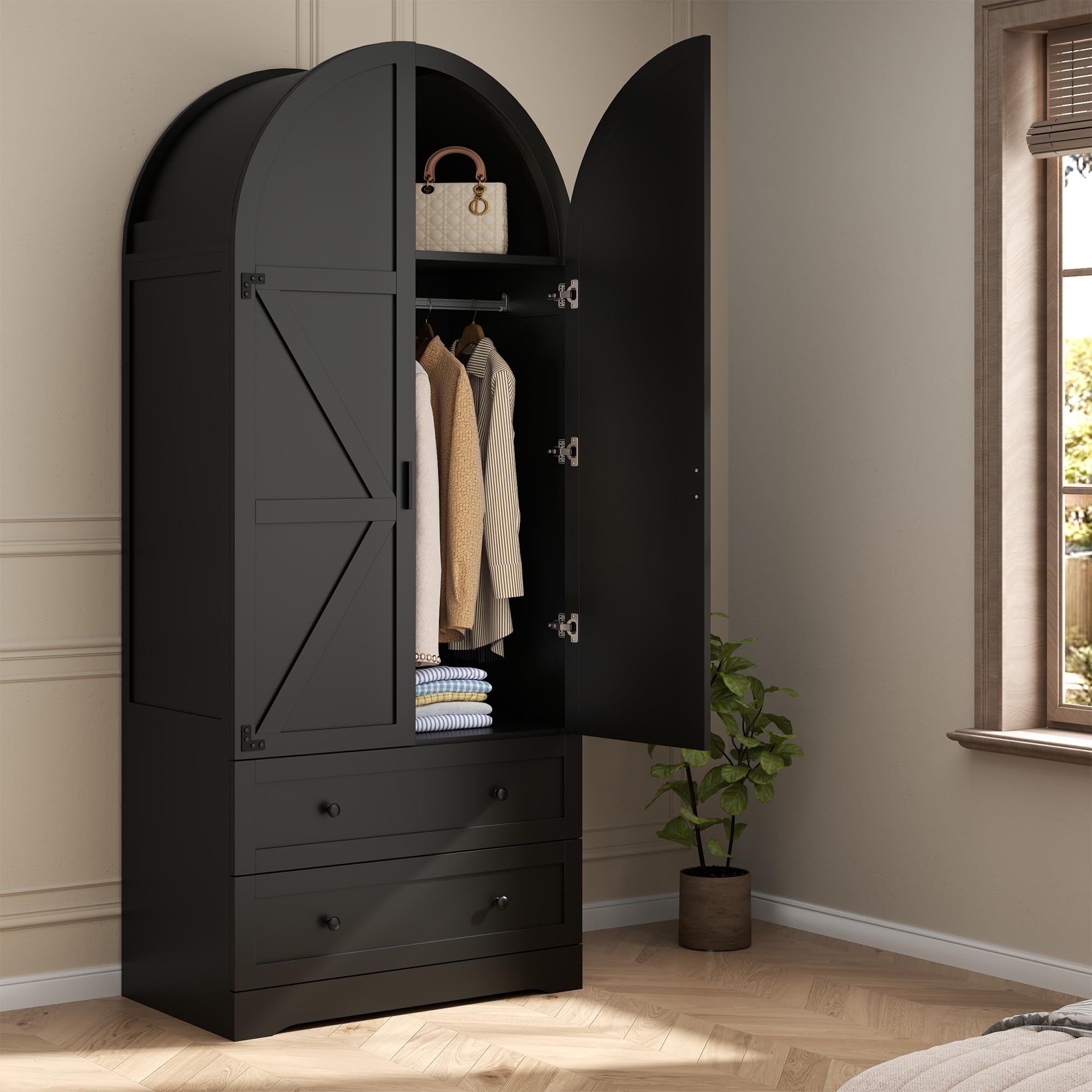 Gyfimoie Black Armoire Wardrobe Closet with 2 Drawers, 74.8" Wooden Wardrobe with 2 Doors, Freestanding Closet Armoire Cabinet with Hanging Rack, Clothing Storage Cabinet for Bedroom (Black)