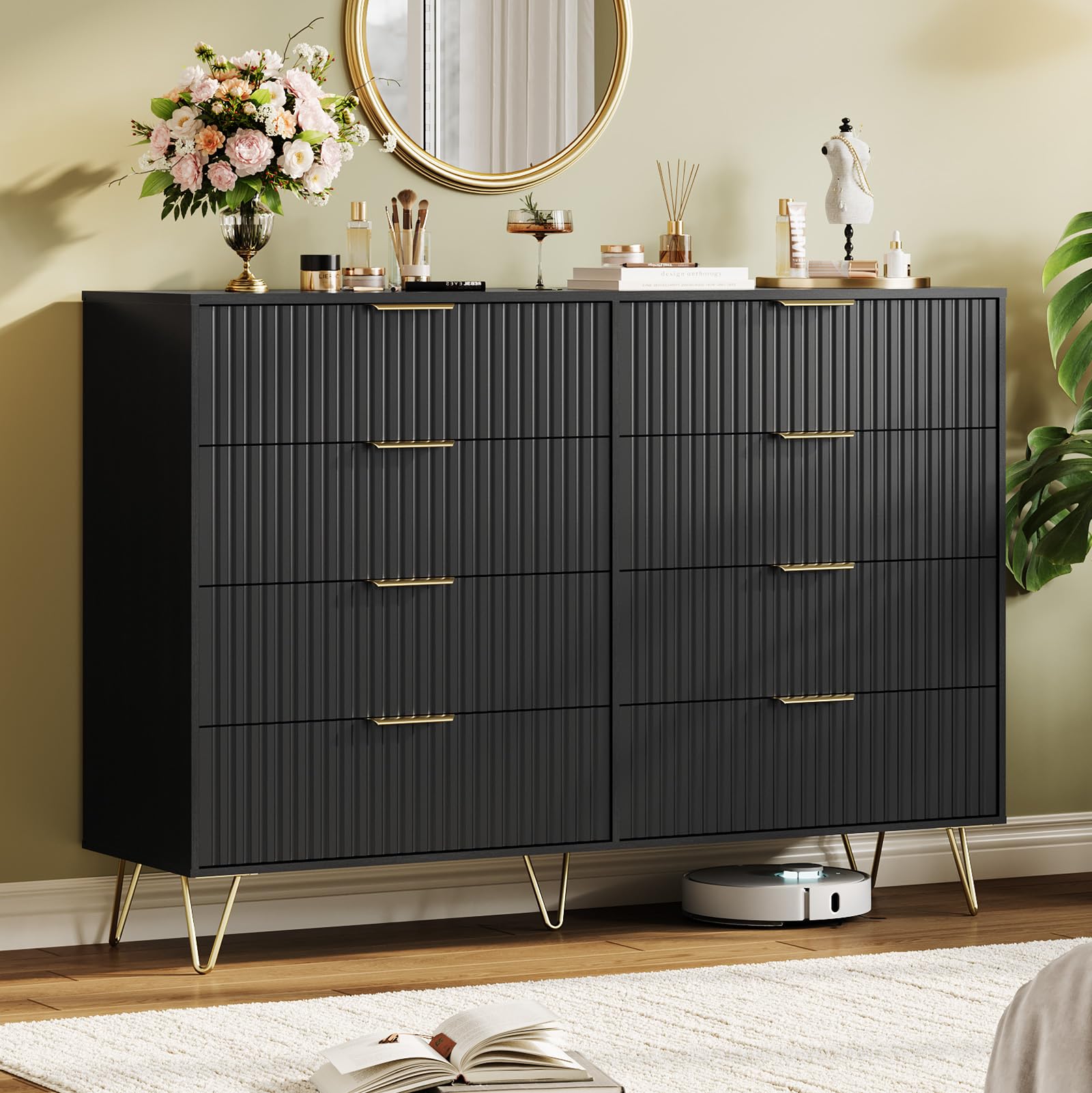 GAOMON Modern Fluted 8-Drawer Dresser - 55" Wide Wood Chest with Metal Handles - Multi-Use Bedroom Clothes Storage Cabinet & TV Stand - Contemporary Furniture, Black