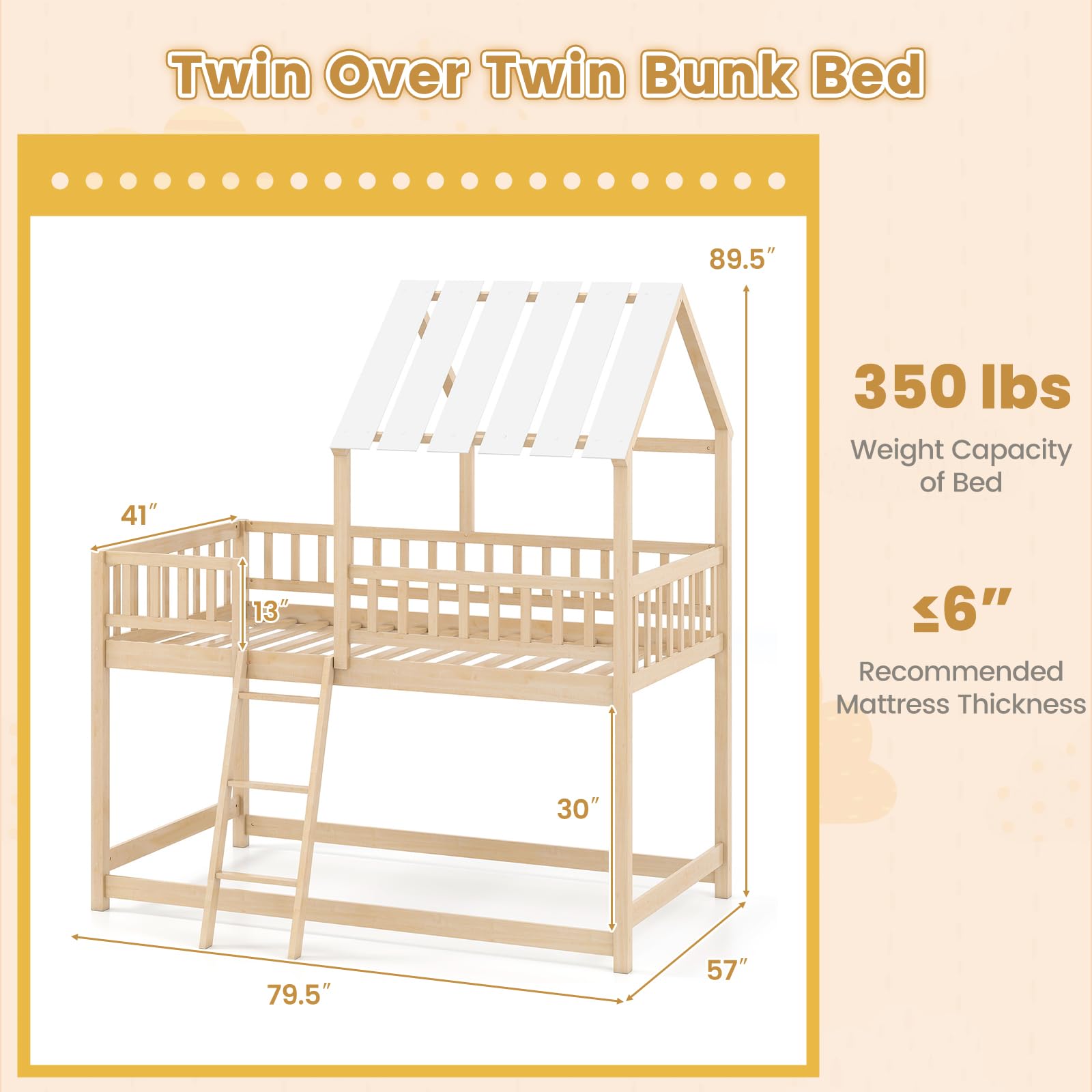 Twin Over Twin House Bunk Bed with Roof & Guardrails