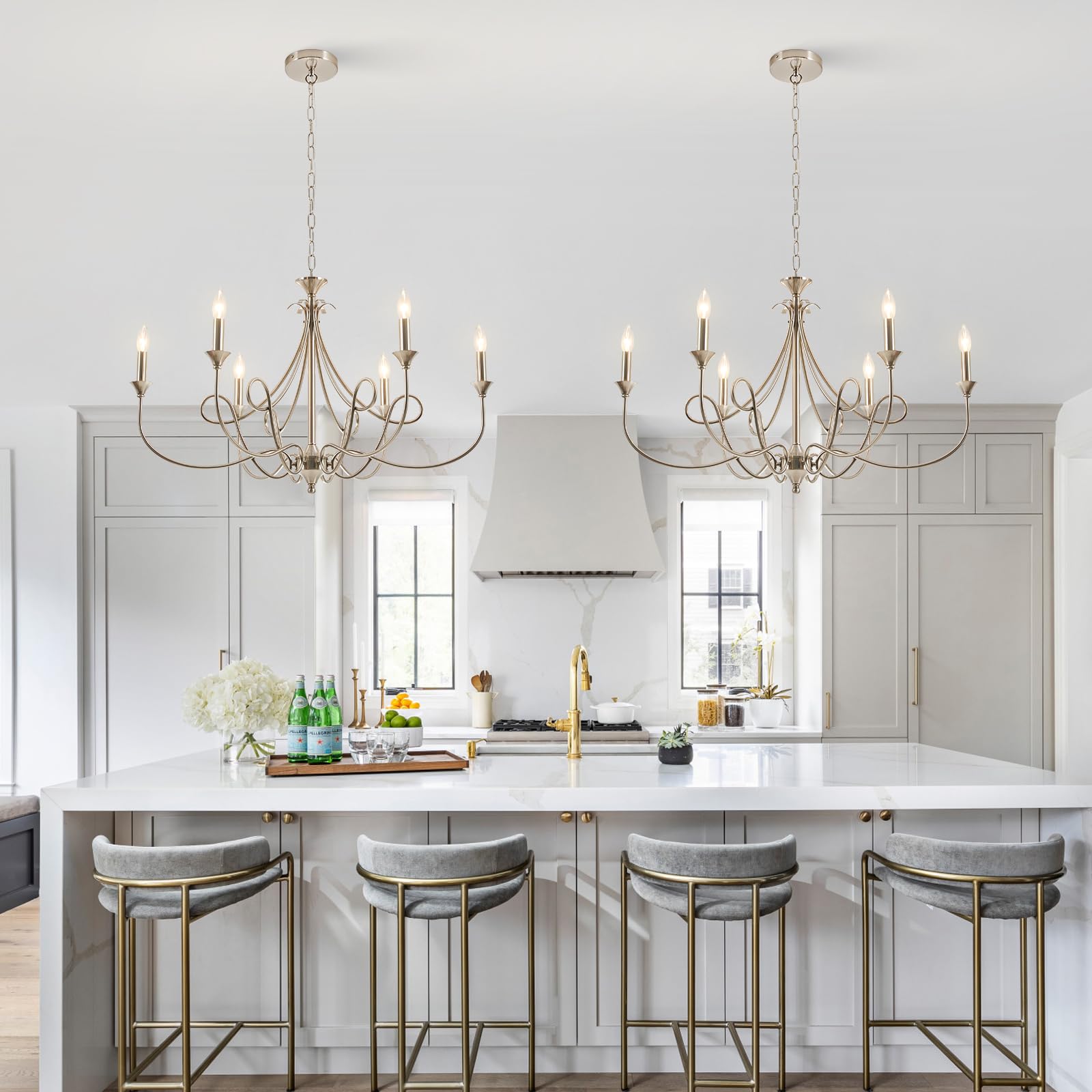 Afirstcght Modern Brushed Nickel Chandelier, 6-Lights Candle Dining Room Light Fixture 36.6in Farmhouse Chandeliers Metal Pendant Lights for Living Room Bedroom Entryway Kitchen Island