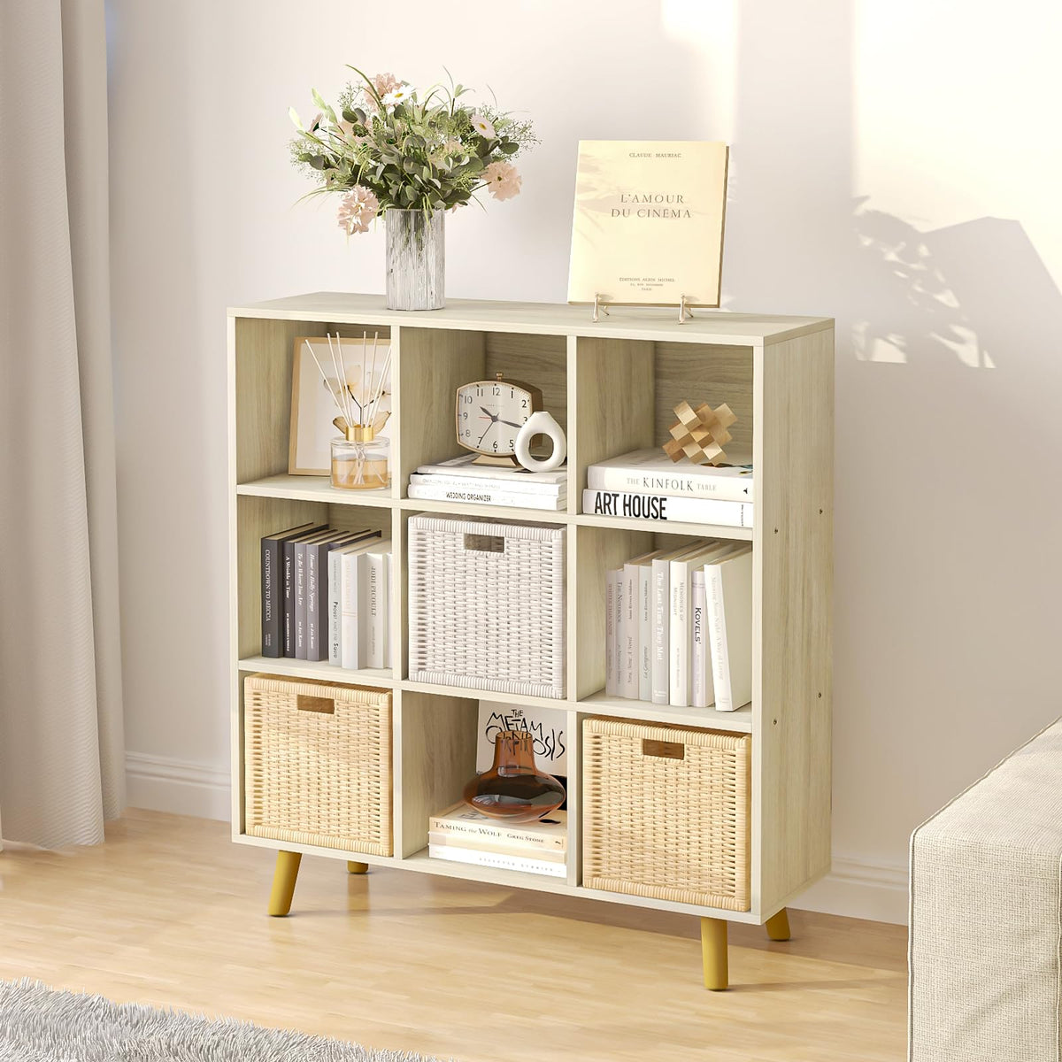 ELYUP 9-Cube Open Shelf Bookcase - 3-Tier Wooden Bookshelf with Legs, Oak