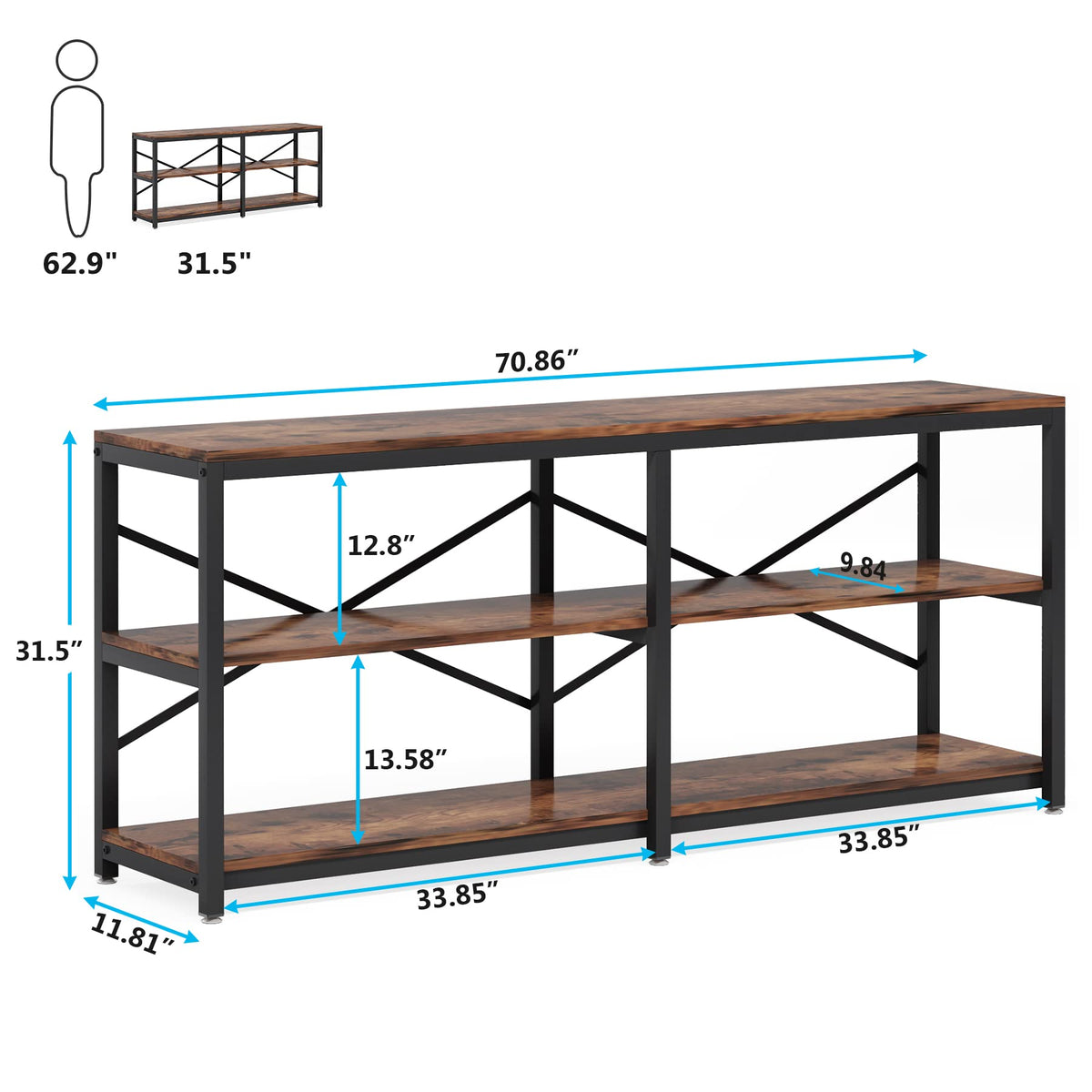 Tribesigns 70.9 Inch Extra Long Console Table, Modern Sofa Table Behind Couch Table with Storage Shelves, 3-Tier Industrial Hallway Entryway Table for Living Room, 3 Shelf Bookshelf(Brown)