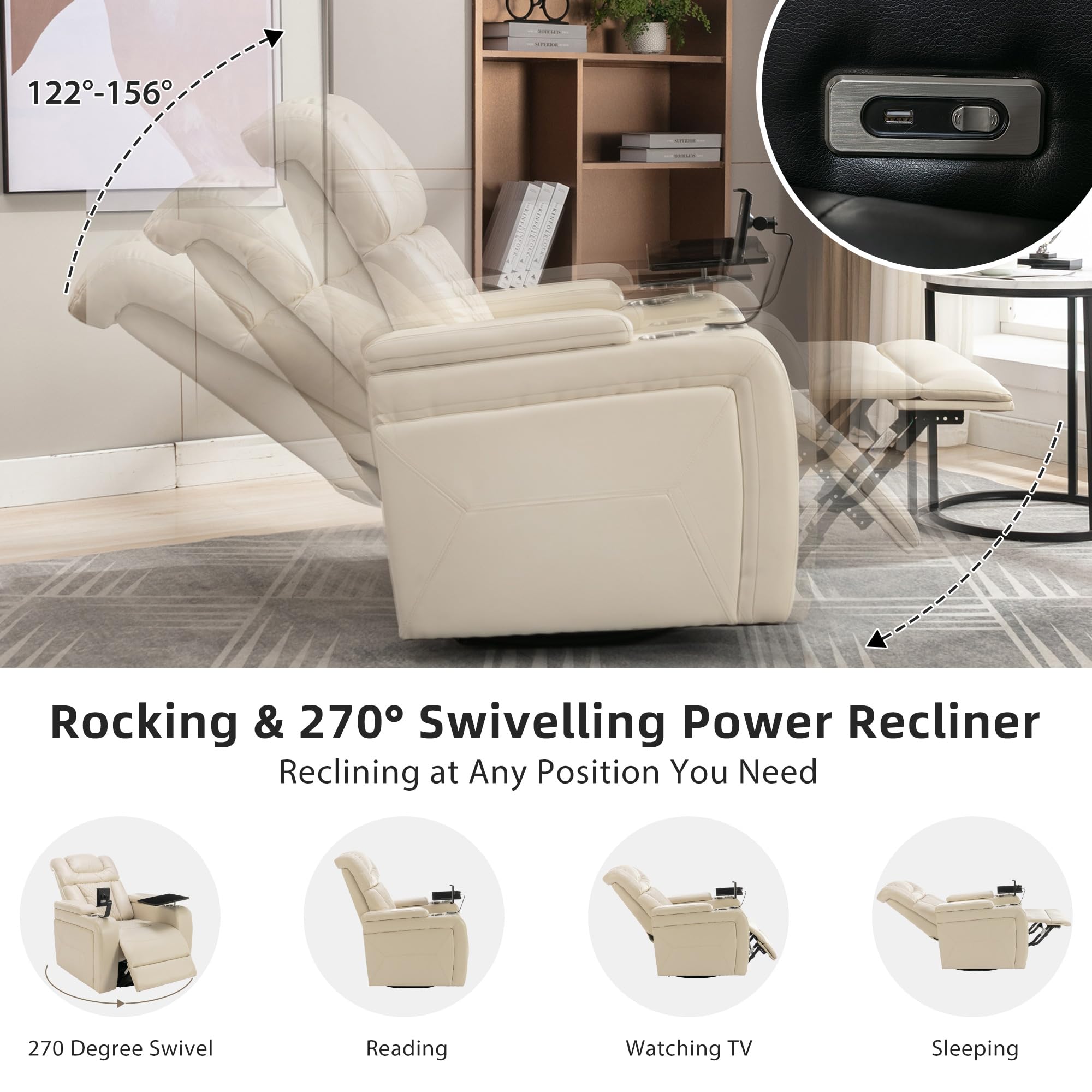 Ball & Cast Power Recliner Chair,270 Degree Swivel PU Leather Home Theater Seating for Living Room,Soft Individual Chair with Tray Table, Phone Holder,Cup Holder,USB Port,Hidden Arm Storage,White