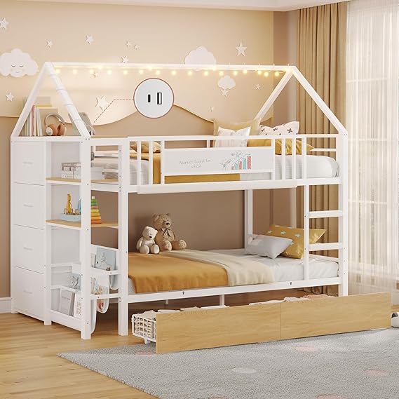House Shaped Twin Over Twin Bunk Bed with Storage & Lights