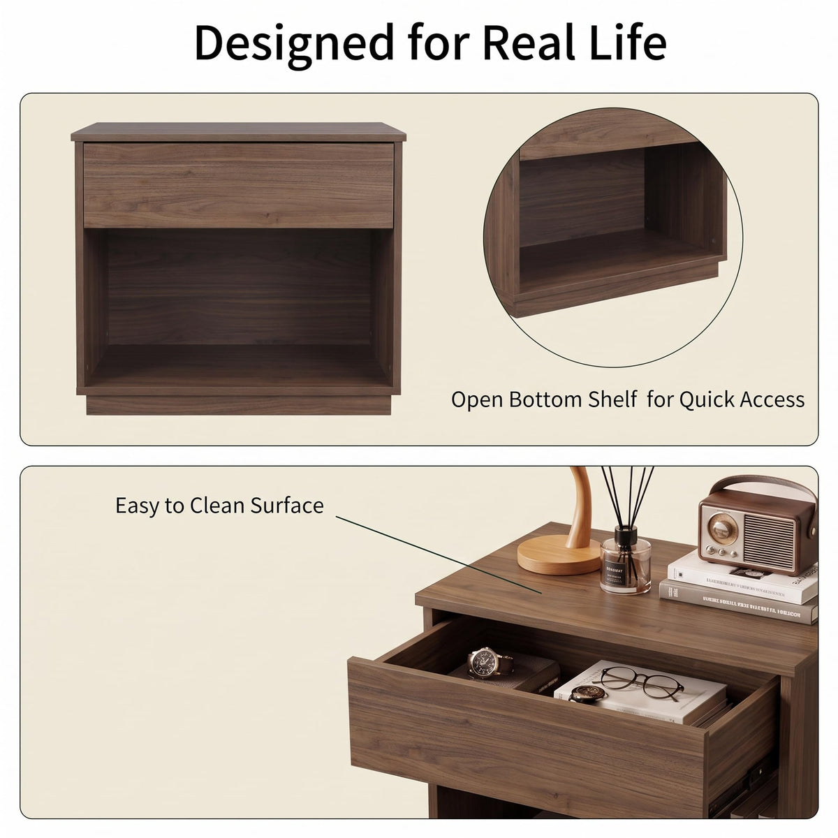 HIPIHOM 31.5" Wide Walnut Nightstand with Drawer and Open Shelf for Bedroom