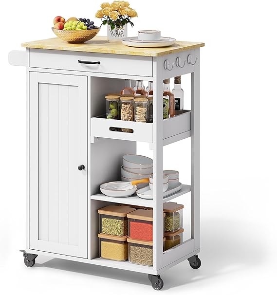 Rolling Kitchen Island Cart with Drawer, Cabinet & Storage Shelves