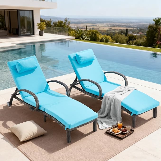 Outdoor Wicker Chaise Lounge Set of 2 with Adjustable Backrest & Wheels
