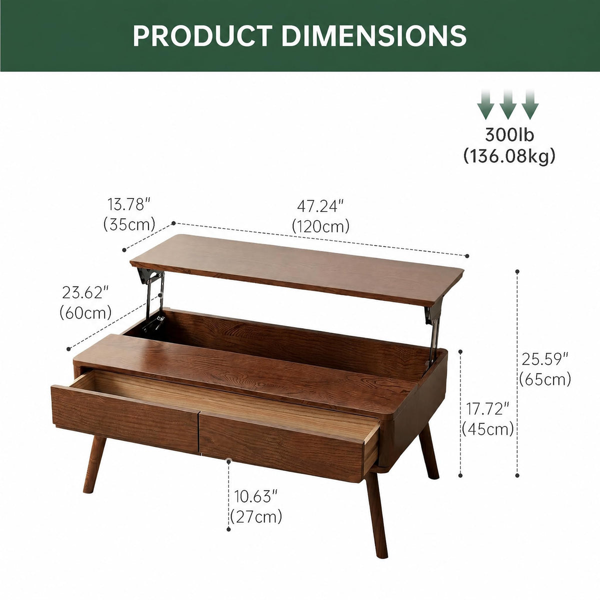 Wayshome Solid Oak Lift Top Coffee Table with Drawers, Walnut, 47.24"