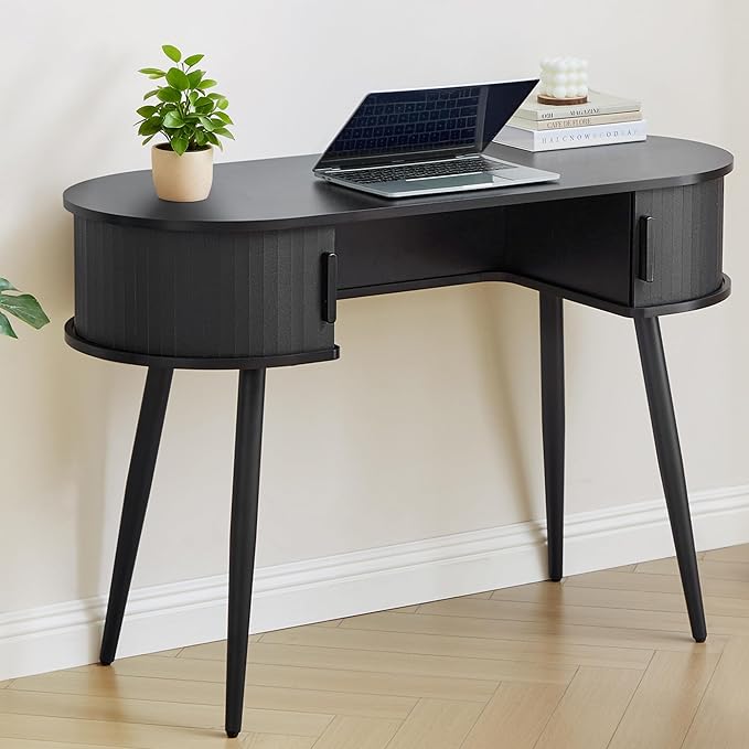 Mid-Century Oval Writing Desk with Drawers & Flip Storage