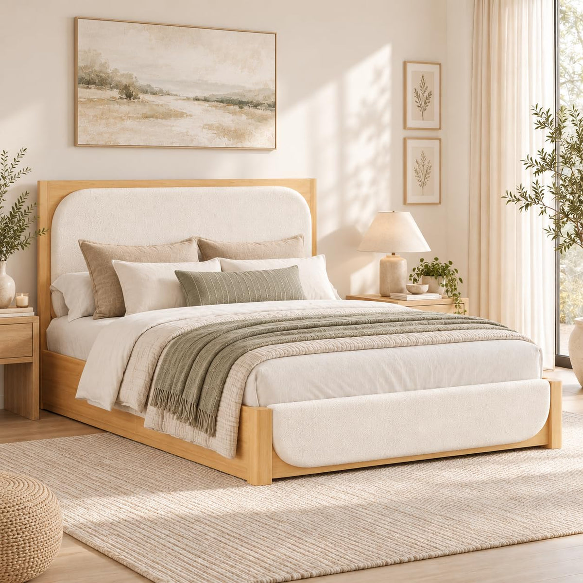 IMMERSTABLE Queen Bed Frame with Upholstered Boucle Headboard, White