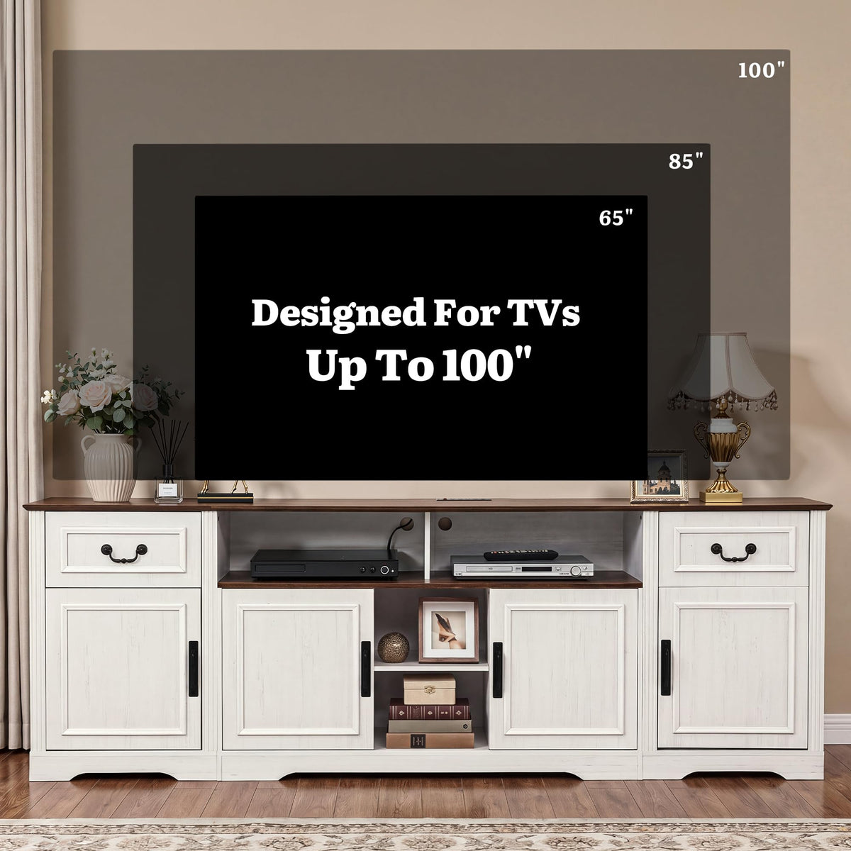 YITAHOME 87" Farmhouse TV Stand with Power Outlet for 100" TV, White/Walnut