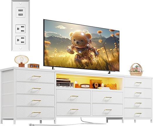 63" TV Stand with 12 Fabric Drawers, LED Lights & Power Outlets