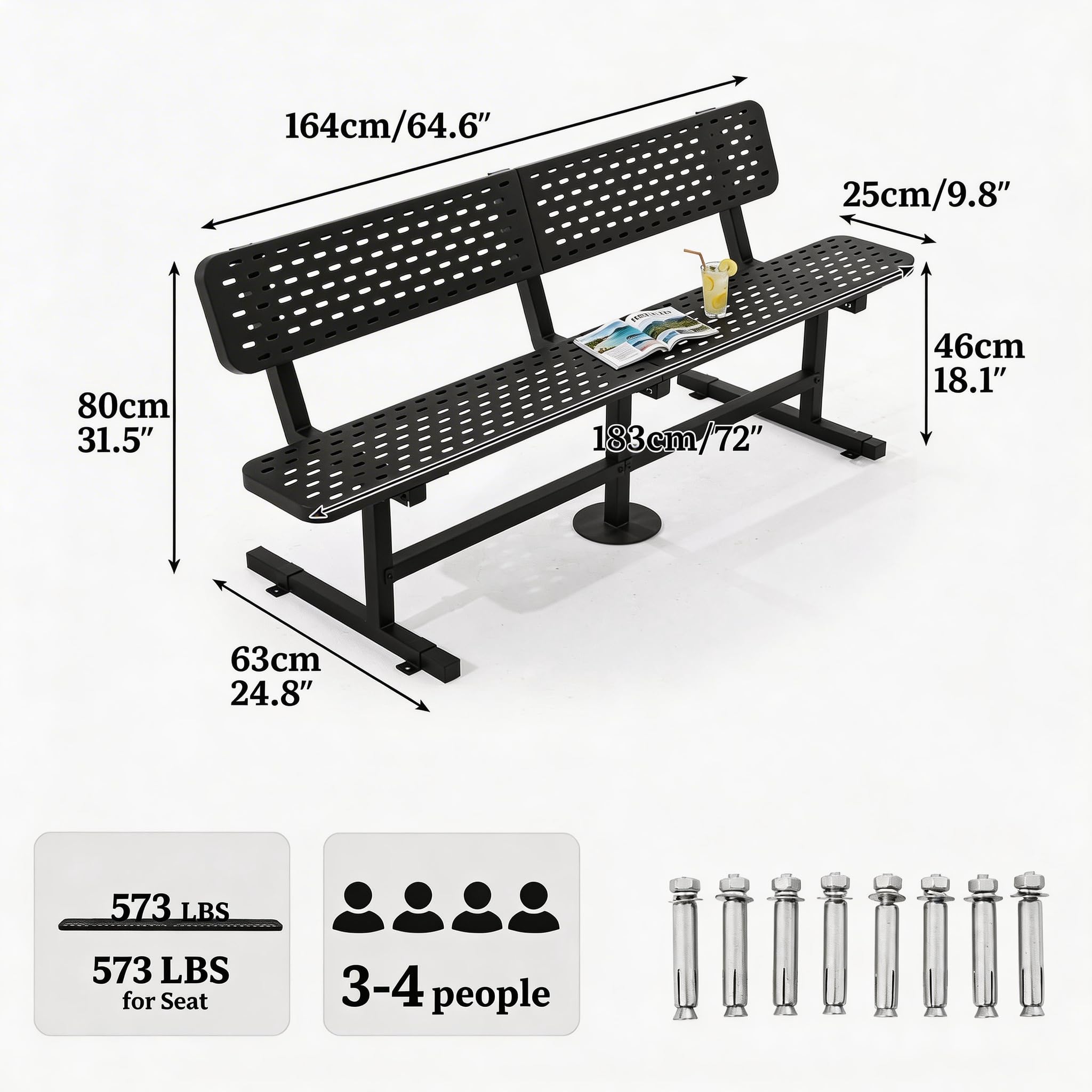 6 ft Heavy Duty Outdoor Metal Park Bench with Back