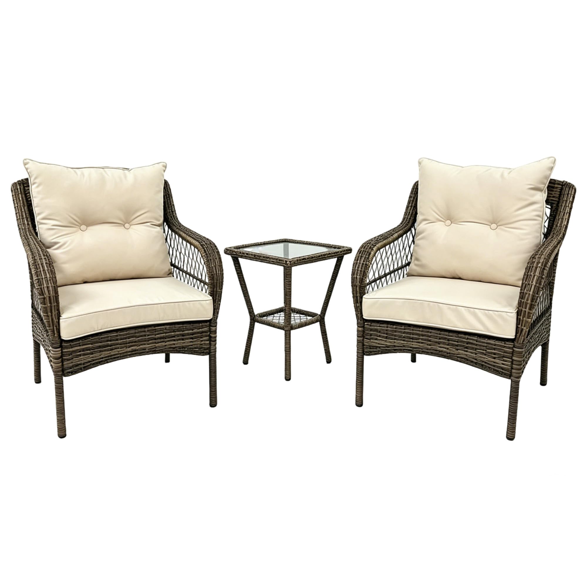 3 Piece Outdoor Wicker Patio Furniture Set, Rattan Conversation Bistro Set with 2 Arm Chairs & Tempered Side Table, All-Weather PE Rattan Chairs with Cushions for Backyard, Balcony, Garden, Beige