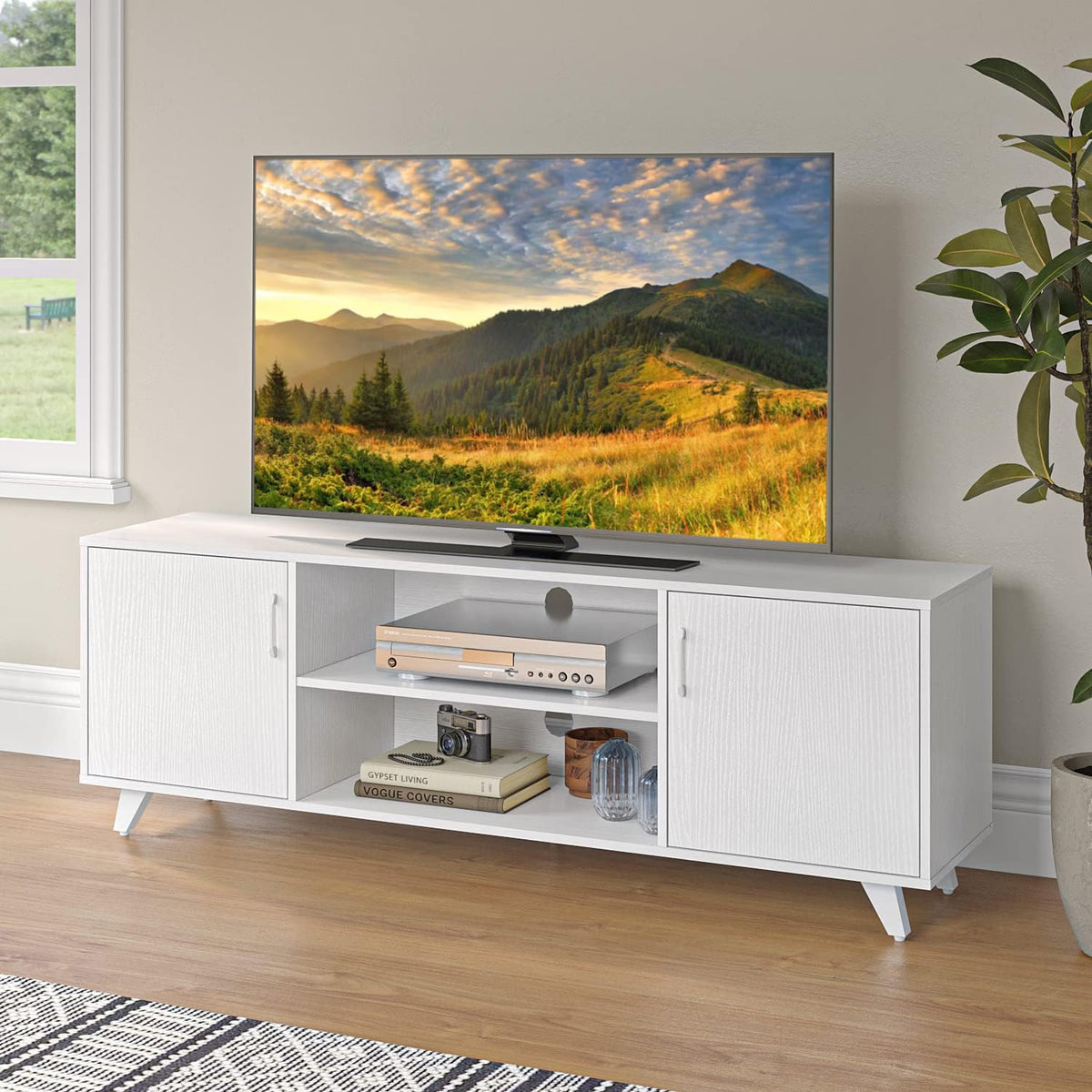 Panana TV Stand for 55 60 65 70 inch TV, Modern Mid Century Entertainment Center Media Console Table with 2 Doors 2 Shelves for Living Room, 63" x 15" x 21.6" (White)
