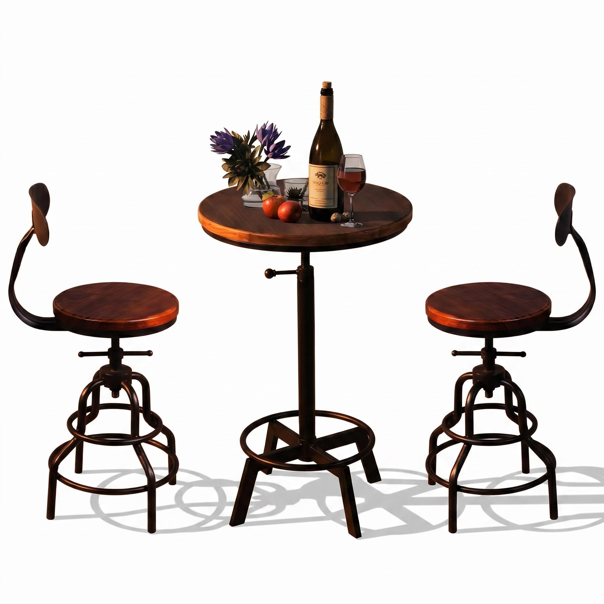 Diwhy 3 Piece Bar Set Industrial Style Adjustable Dia 19.7" Bar Table and 2 Stools with Backrest for Kitchen, Pub, Bistro