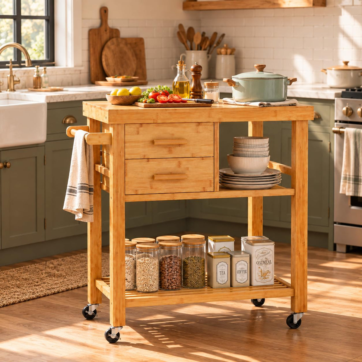 SILKYDRY Kitchen Island, Rolling Butcher Block Kitchen Cart with Storage