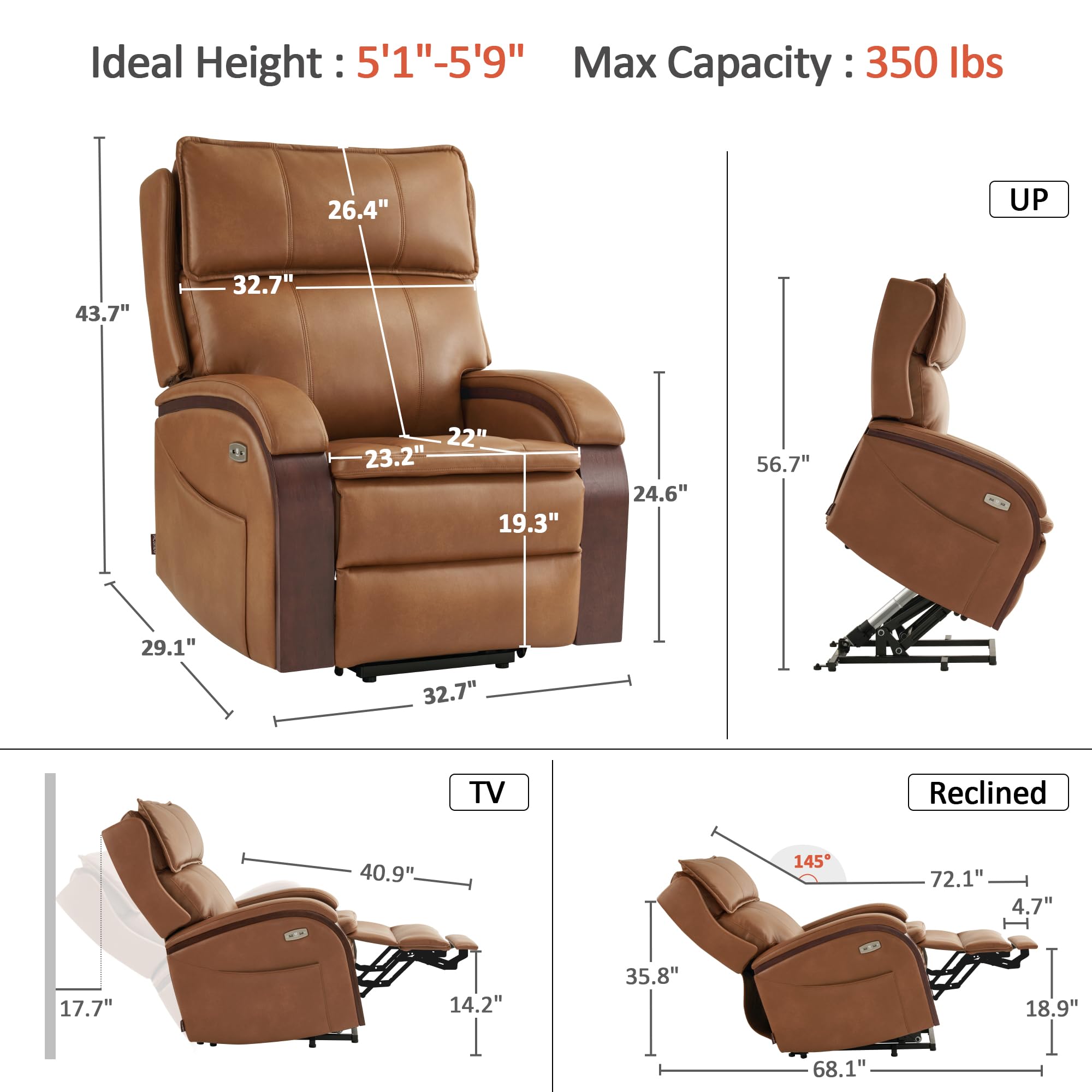 MCombo Power Lift Recliner Chair Sofa with Massage and Heat, Adjustable Headrest for Elderly People, Solid Wood Armrest, USB Ports, Side Pockets, Faux Leather 7917 (Tawny, Medium)