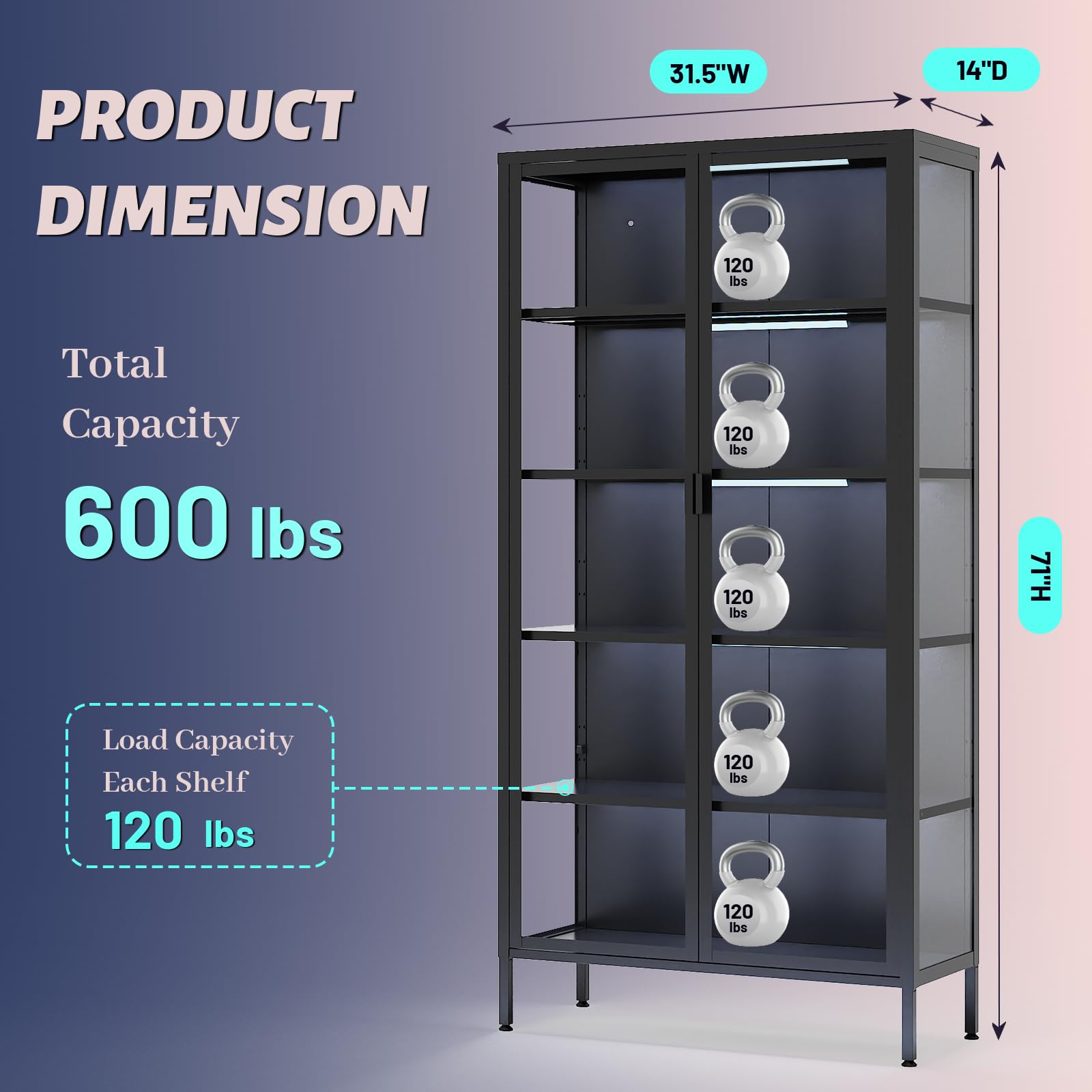 5-Tier Glass Display Cabinet with LED Sensor Lights & Adjustable Shelves