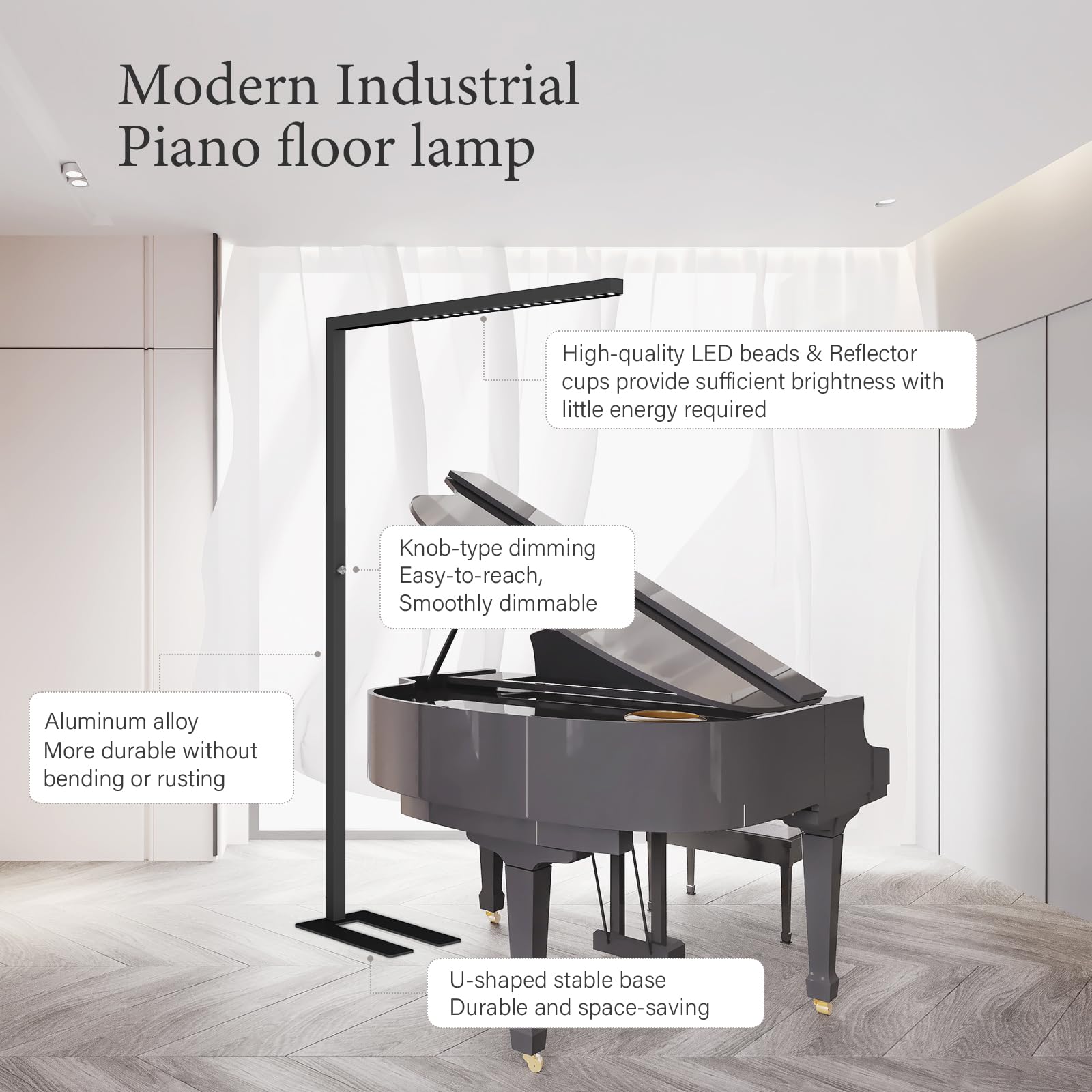 STERREN 77" LED Floor Lamp, 7350LM Dimmable Eye-Care Standing Piano Lamp, 70W Modern Tall Reading Light Bright Lighting for Office Living Room Bedroom, 4000K Natural Daylight - Black