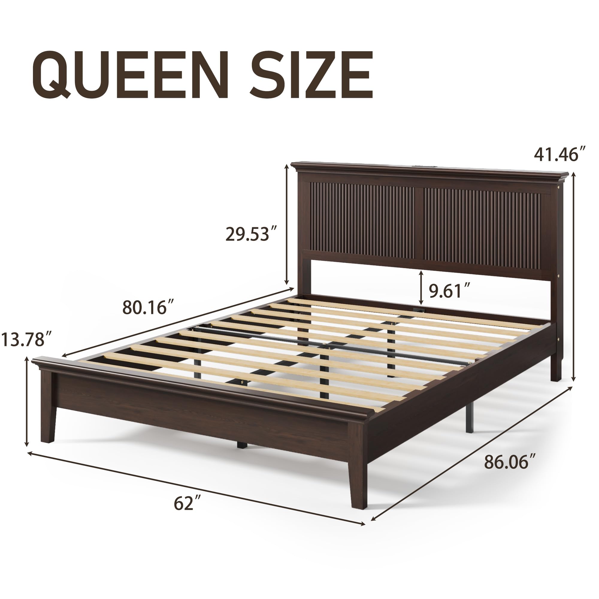 Queen Solid Wood Bed with Fluted Headboard