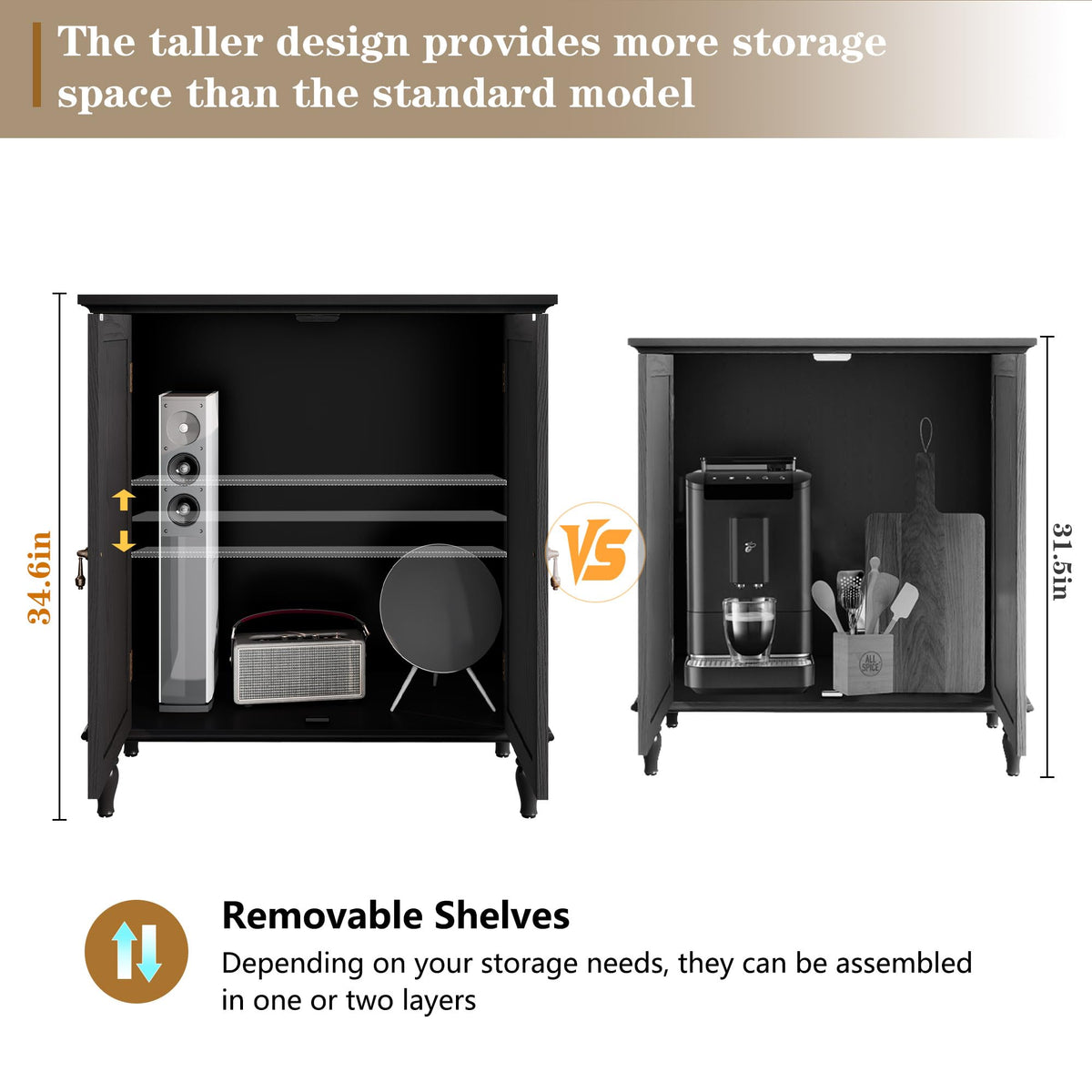 ARTPOWER Vintage Buffet Cabinet with Storage, Solid Wood Veneer, Black