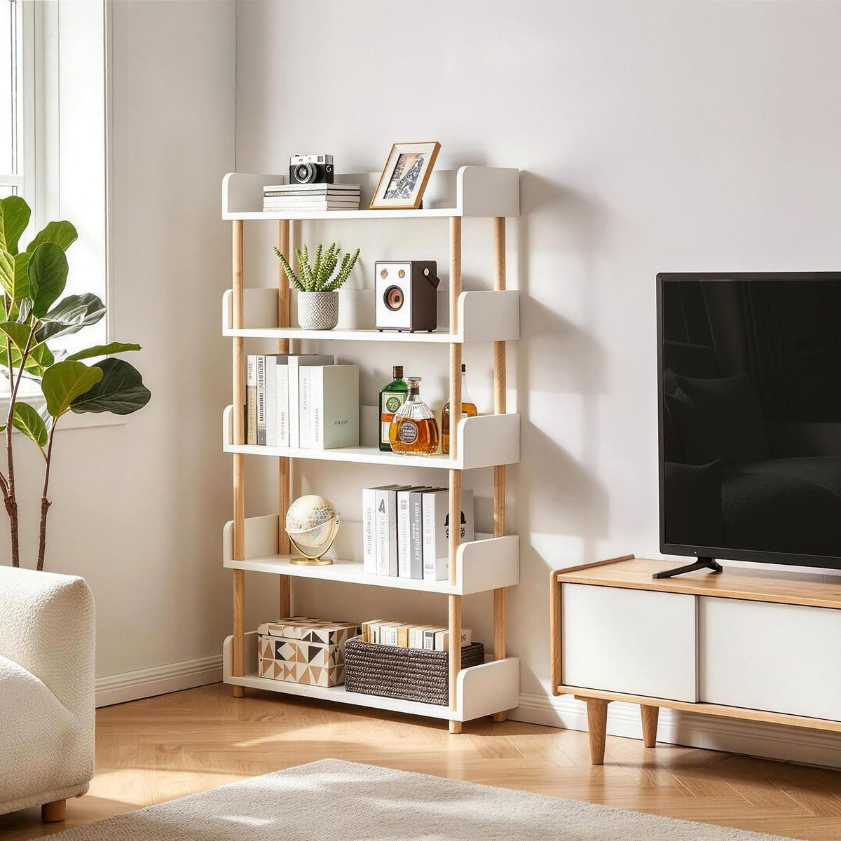 Aibiju Five-Tier Wooden Open Bookshelf - Modern Display Bookshelf for Home and Office Use, with Storage Cabinets, White YD-BC006W
