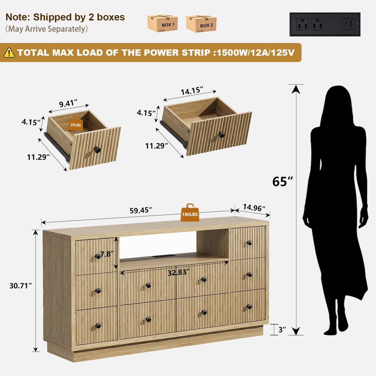 Vordwell Fluted Dresser TV Stand for Bedroom with 10 Drawers, Oak