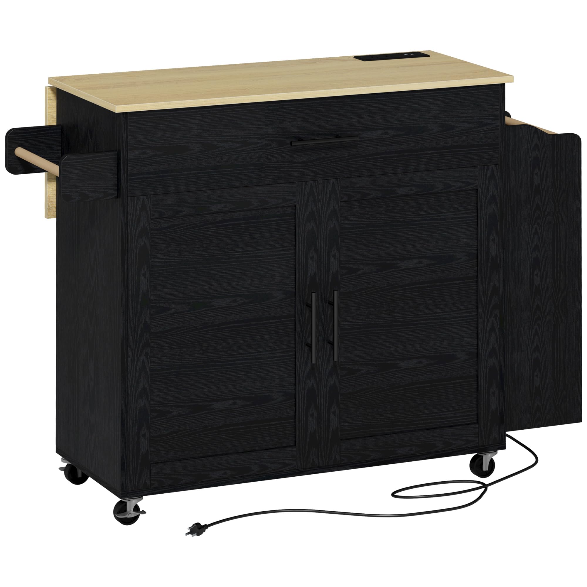 Rolling Kitchen Island with Drop Leaf & Charging Station